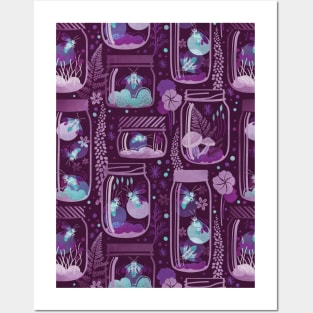 Glowing in the moss // pattern // purple background jars with lightning fireflies bugs quirky whimsical and bioluminescence lampyridae beetles Posters and Art